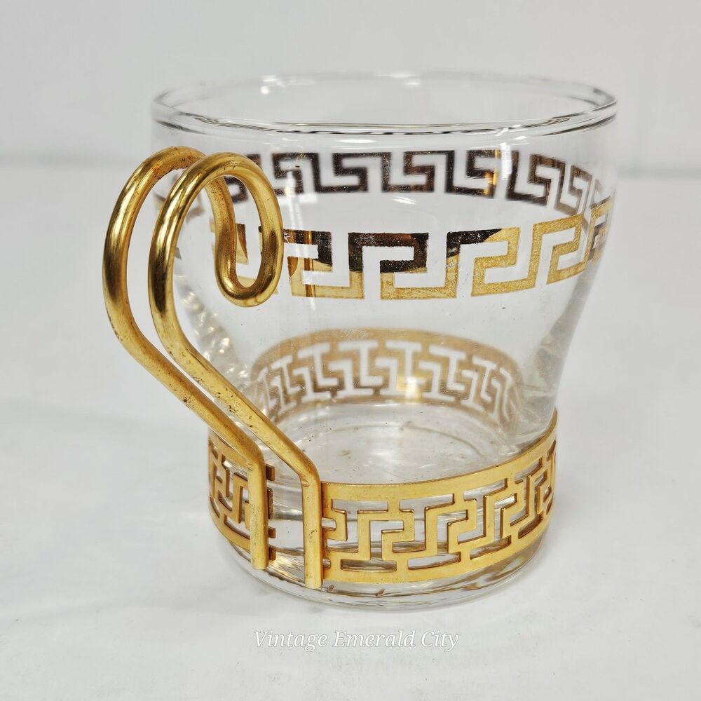 Vtg Libbey Greek Key Mug Continental Cup Metal Glass Hollywood Regency 3.25" MCM